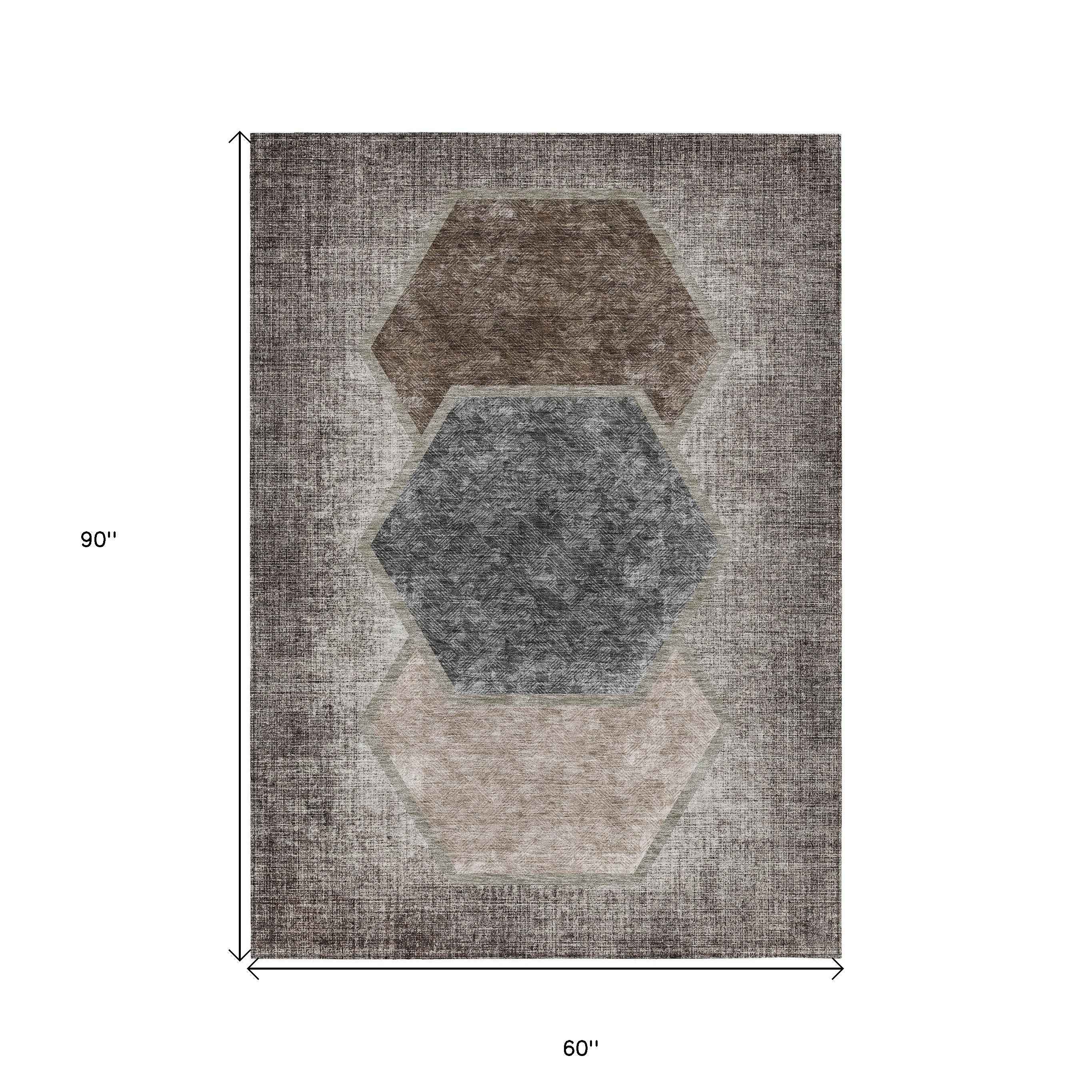 5' X 8' Chocolate And Taupe Geometric Washable Indoor Outdoor Area Rug