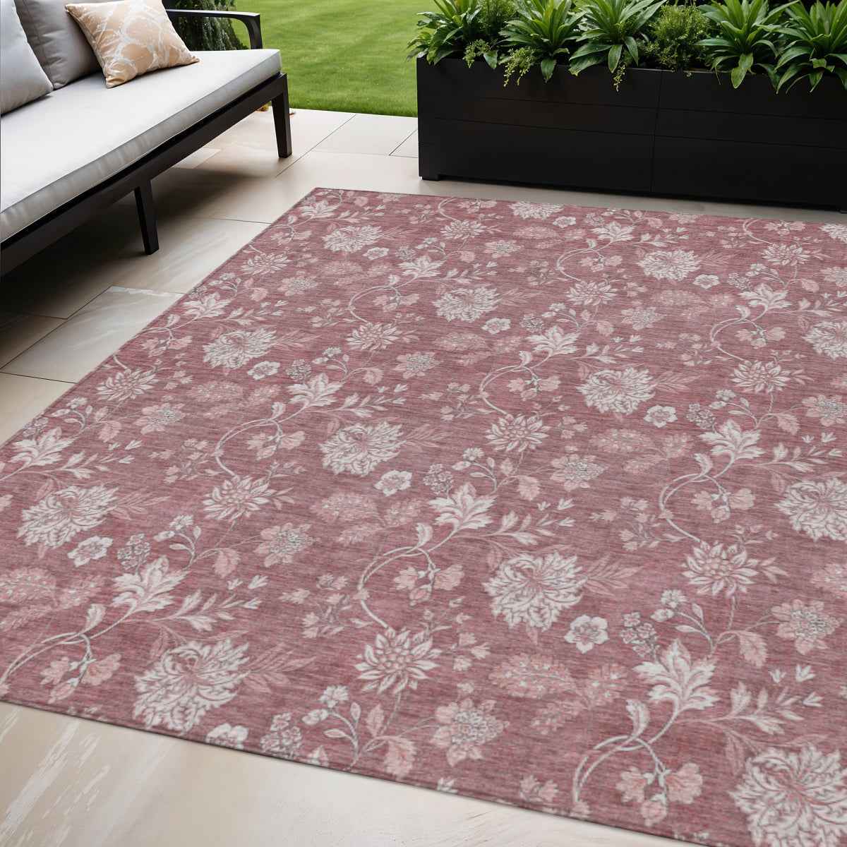 5' X 8' Blush Pink And Mauve Floral Washable Indoor Outdoor Area Rug