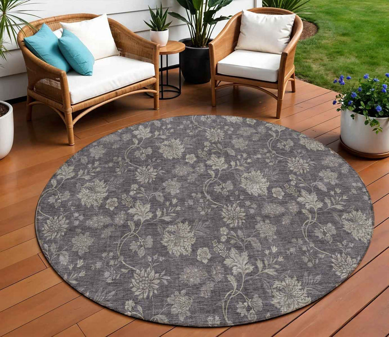 8' Taupe And Beige Round Floral Washable Indoor Outdoor Area Rug