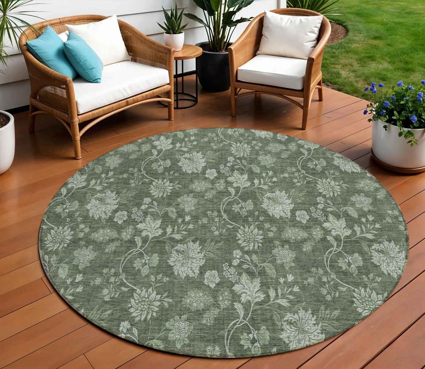 8' Olive Green And Artichoke Green Round Floral Washable Indoor Outdoor Area Rug
