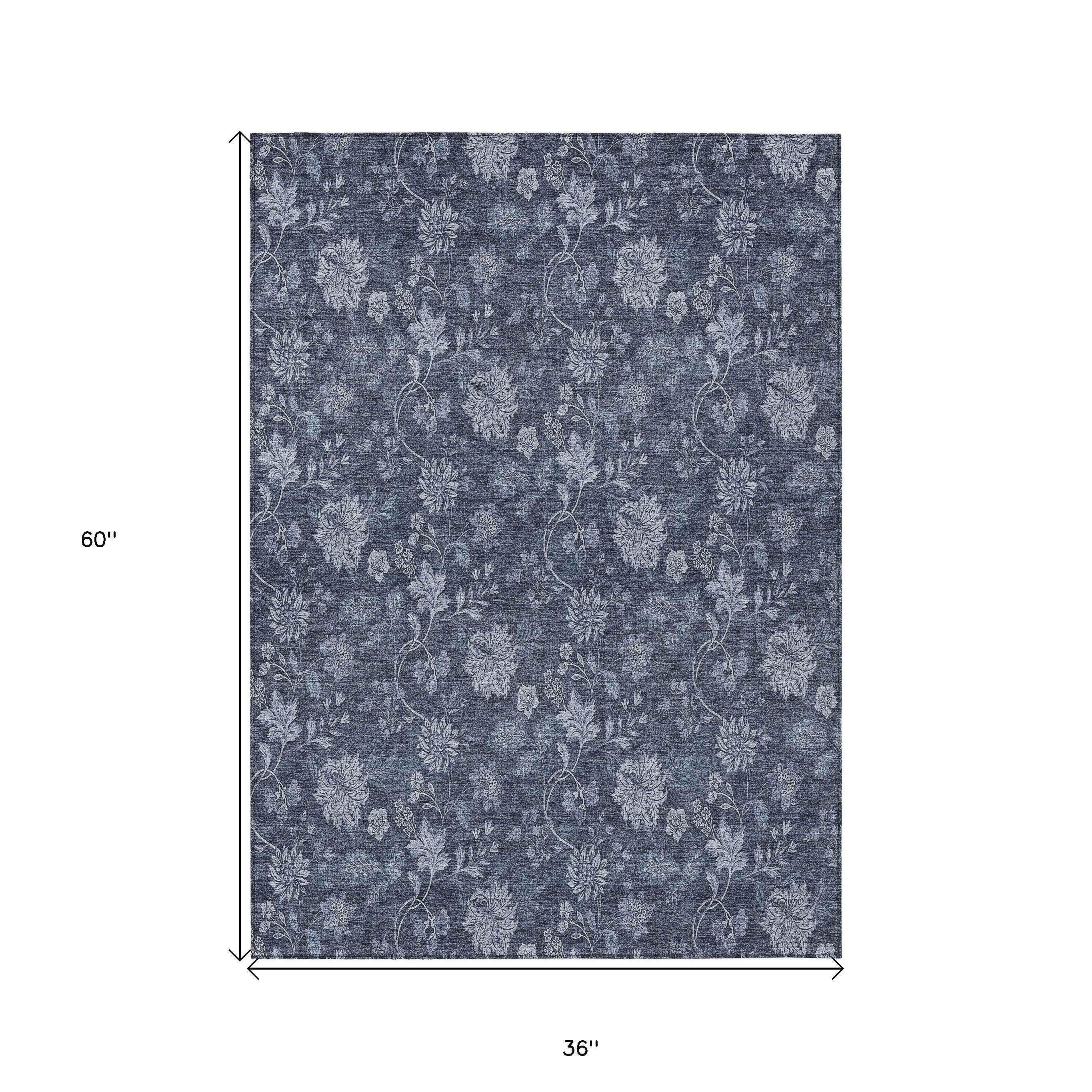 3' X 5' Denim Blue And Navy Blue Floral Washable Indoor Outdoor Area Rug
