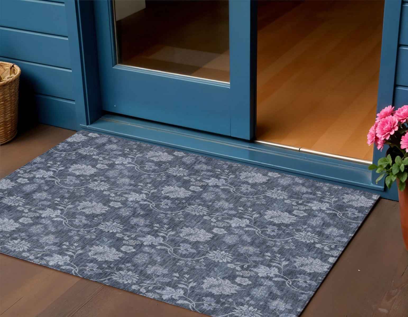 3' X 5' Denim Blue And Navy Blue Floral Washable Indoor Outdoor Area Rug