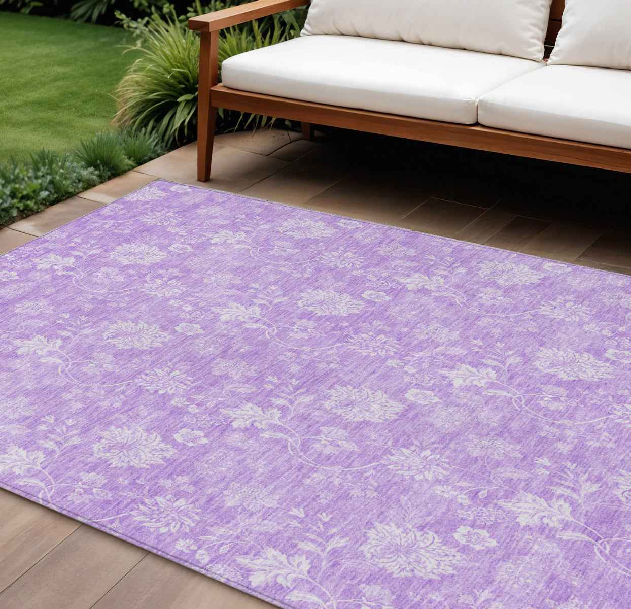 8' X 10' Lavender And Lilac Floral Washable Indoor Outdoor Area Rug