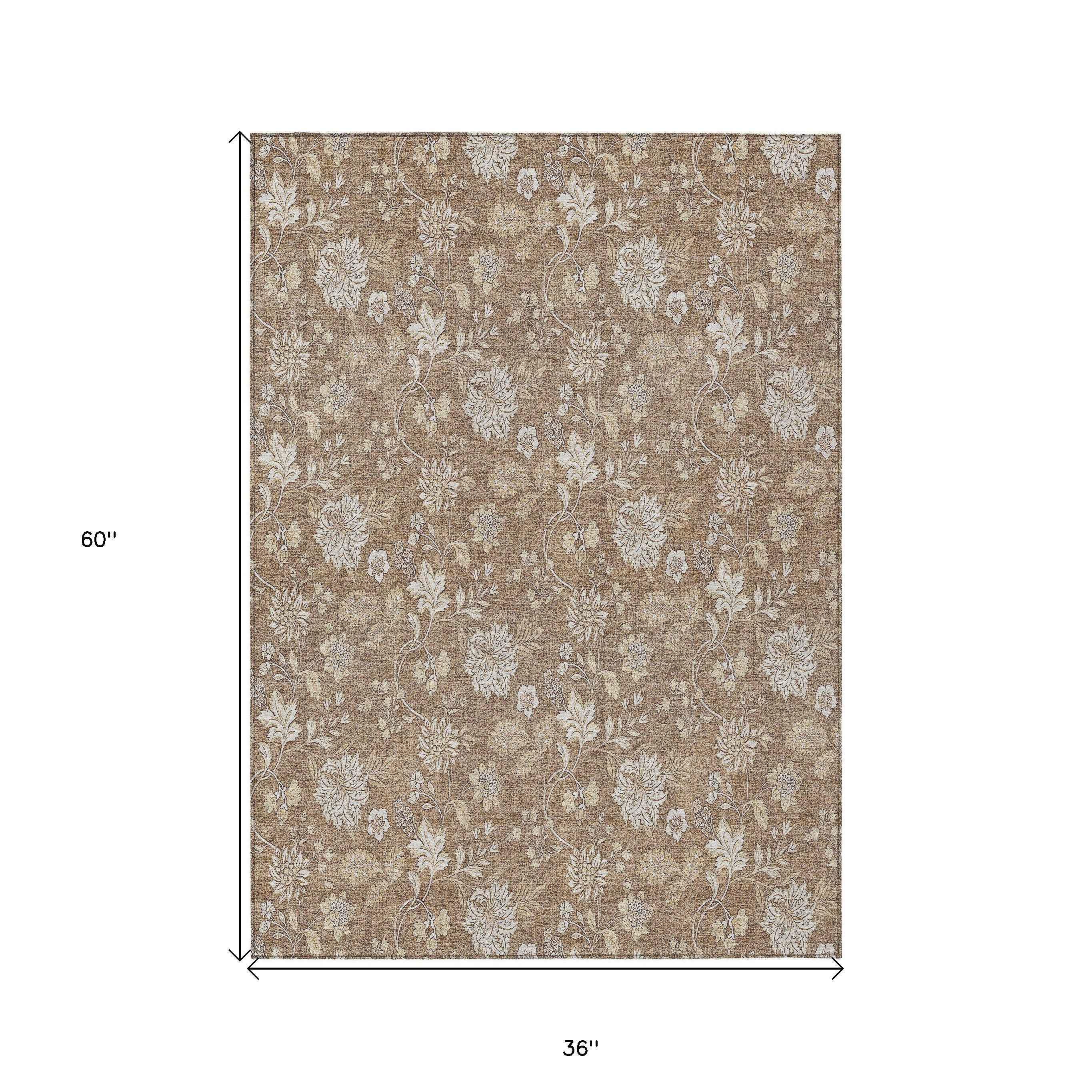 3' X 5' Copper And Beige Floral Washable Indoor Outdoor Area Rug