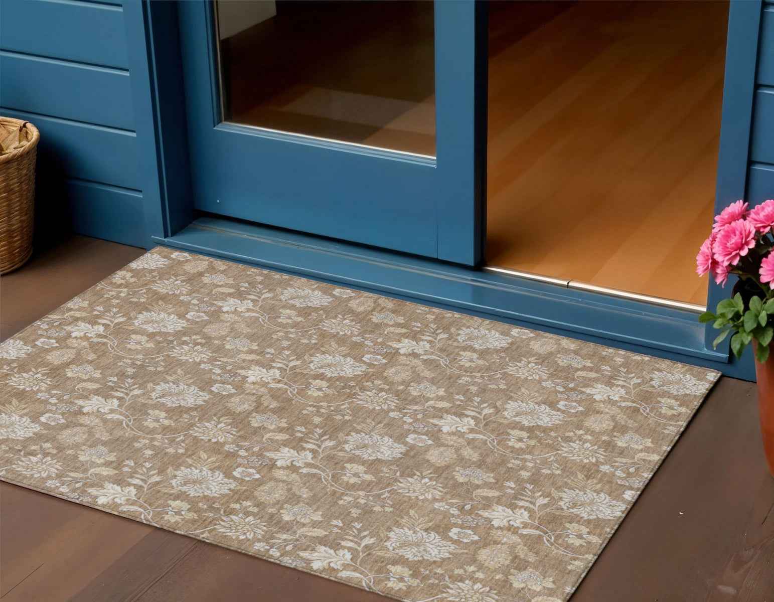 3' X 5' Copper And Beige Floral Washable Indoor Outdoor Area Rug