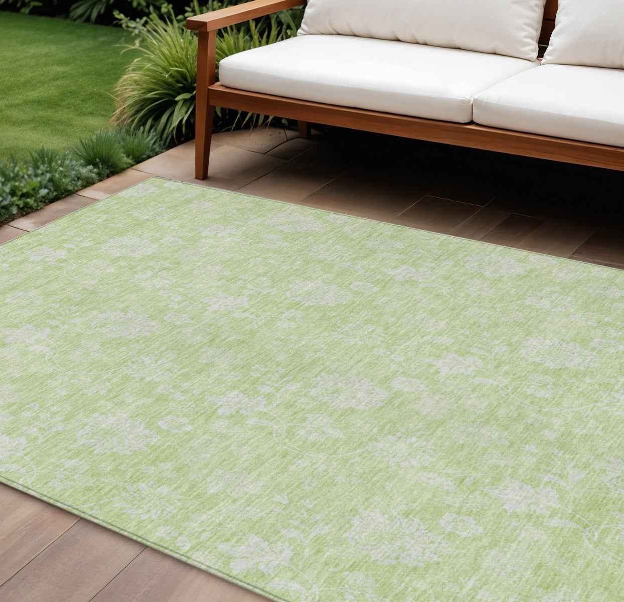 8' X 10' Artichoke Green Mint Green And Ivory Floral Washable Indoor Outdoor Area Rug