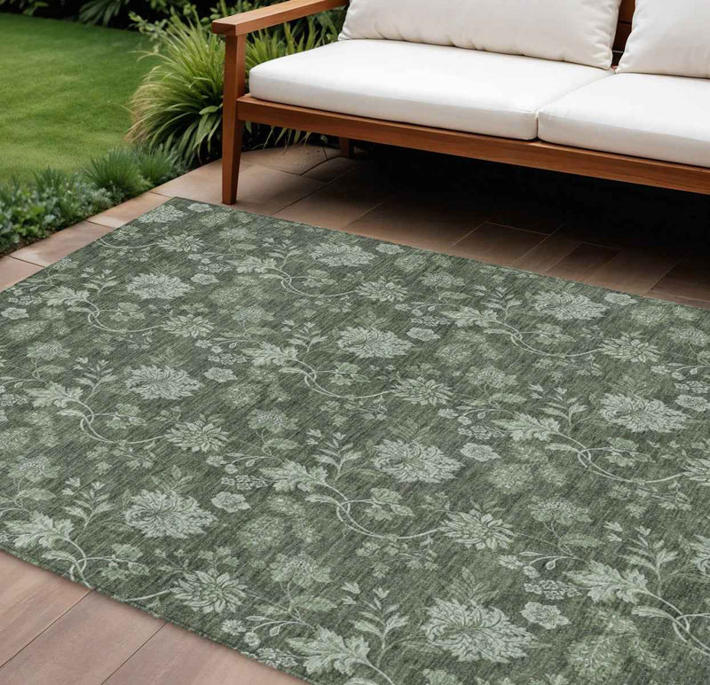 10' X 14' Olive Green And Artichoke Green Floral Washable Indoor Outdoor Area Rug