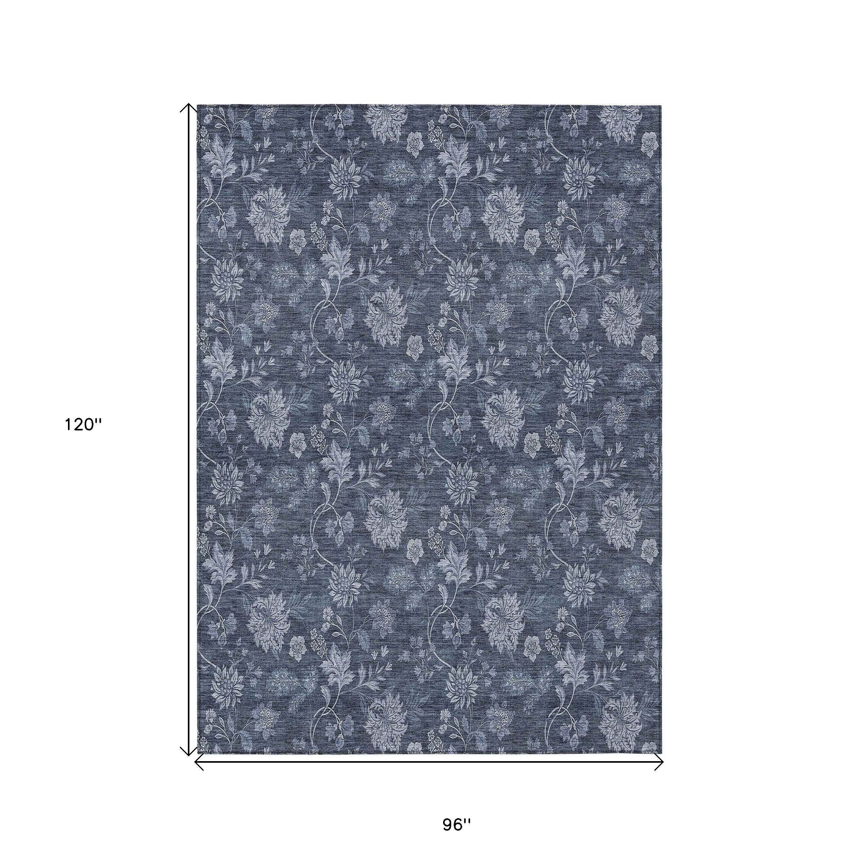 8' X 10' Denim Blue And Navy Blue Floral Washable Indoor Outdoor Area Rug