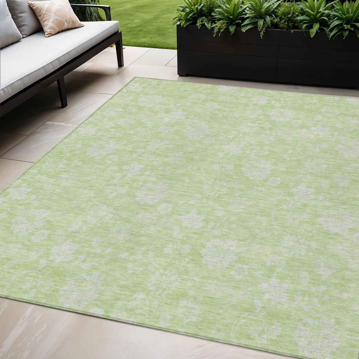 5' X 8' Artichoke Green Mint Green And Ivory Floral Washable Indoor Outdoor Area Rug