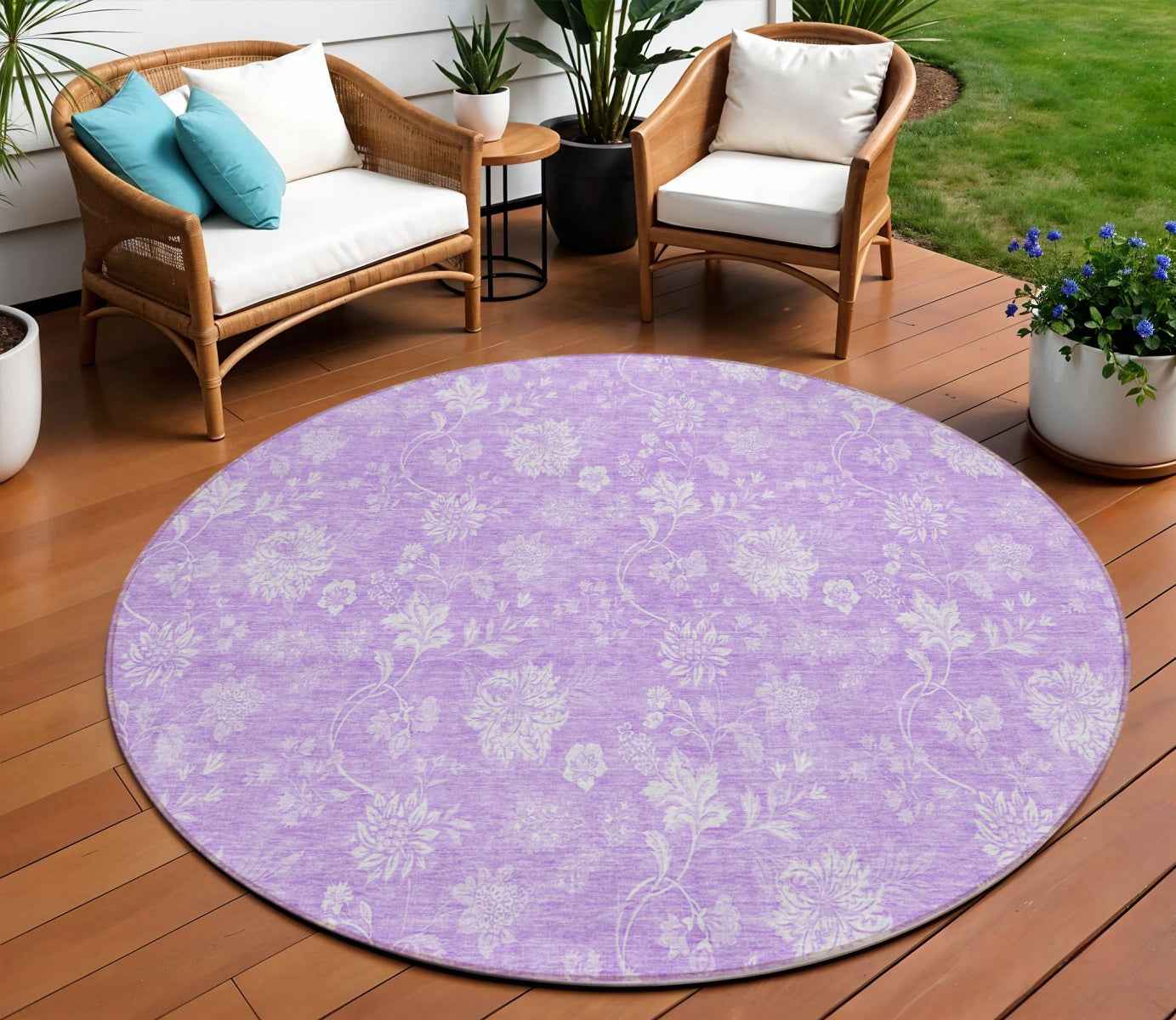 8' Lavender And Lilac Round Floral Washable Indoor Outdoor Area Rug