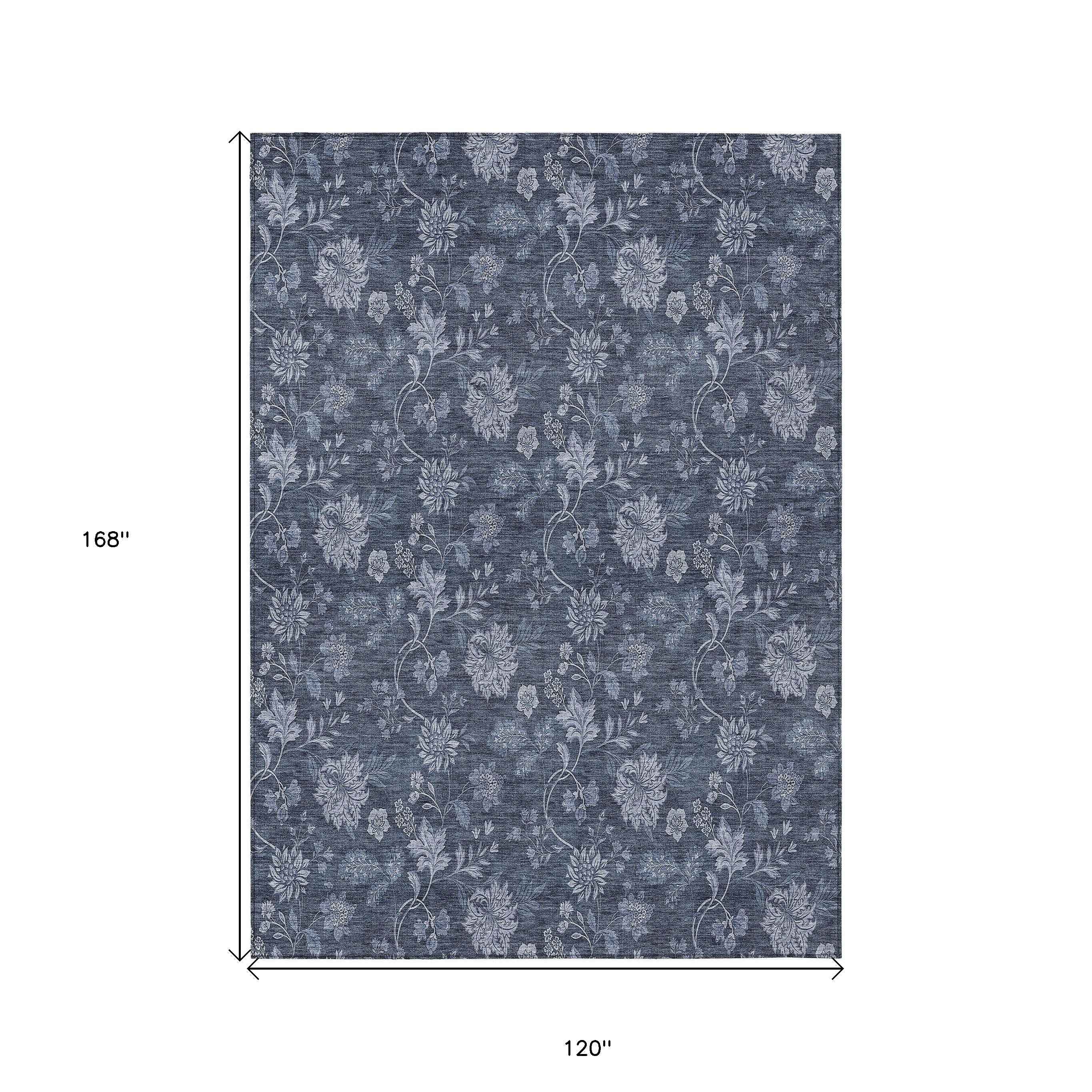 10' X 14' Denim Blue And Navy Blue Floral Washable Indoor Outdoor Area Rug