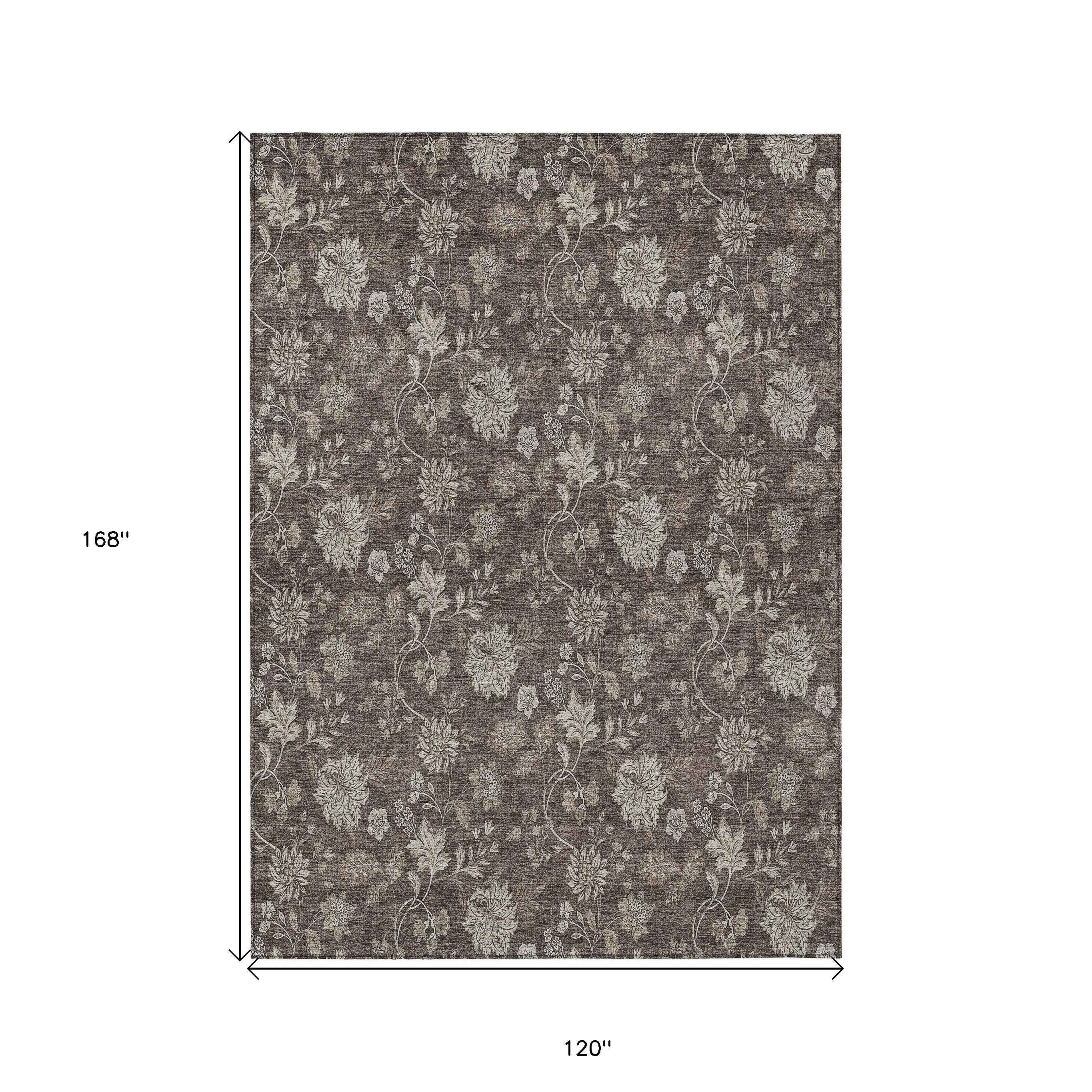 10' X 14' Chocolate Beige And Taupe Floral Washable Indoor Outdoor Area Rug
