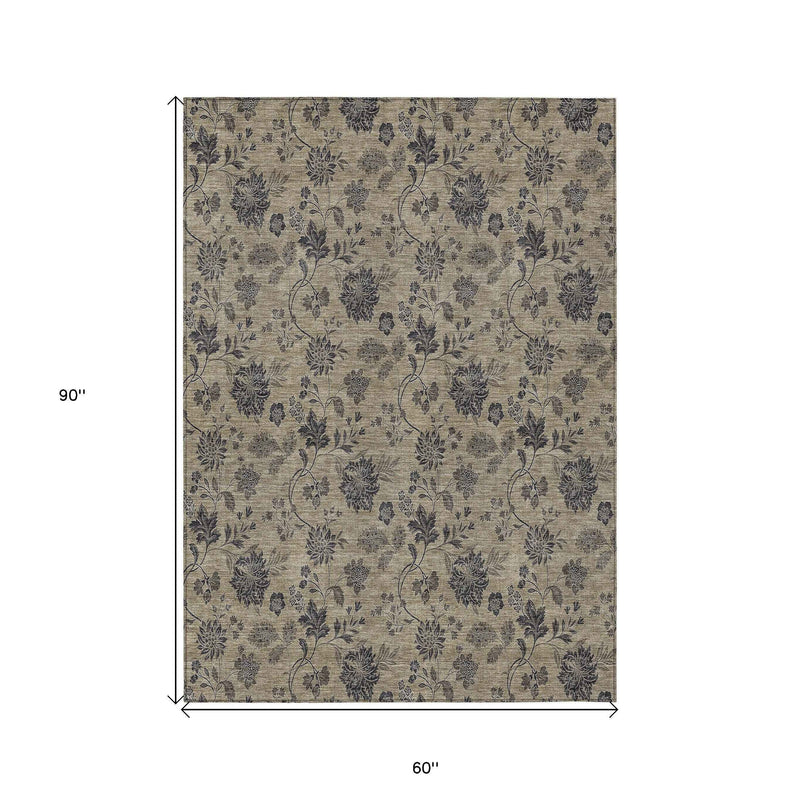 5' X 8' Brown Beige And Chocolate Floral Washable Indoor Outdoor Area Rug