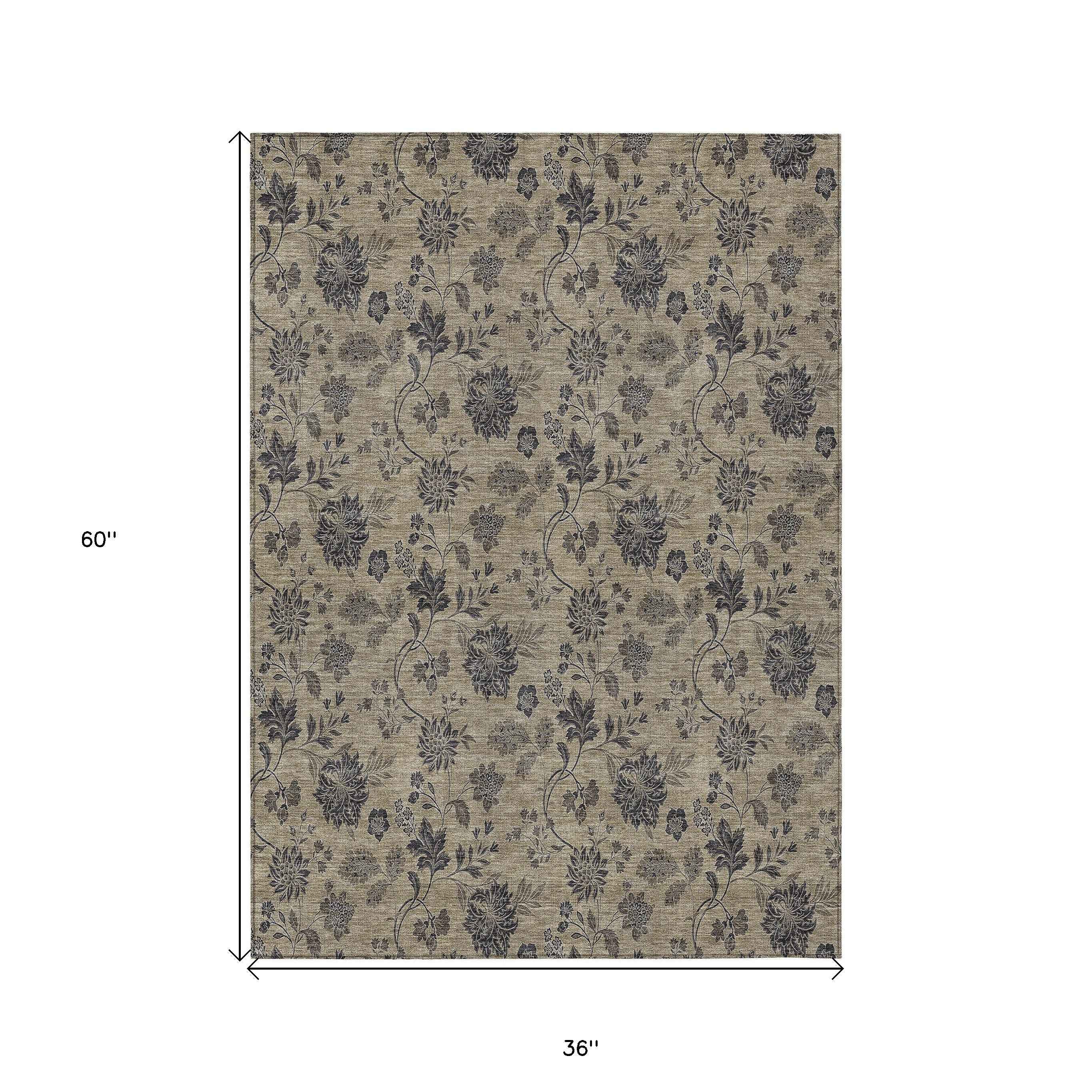 3' X 5' Brown Beige And Chocolate Floral Washable Indoor Outdoor Area Rug