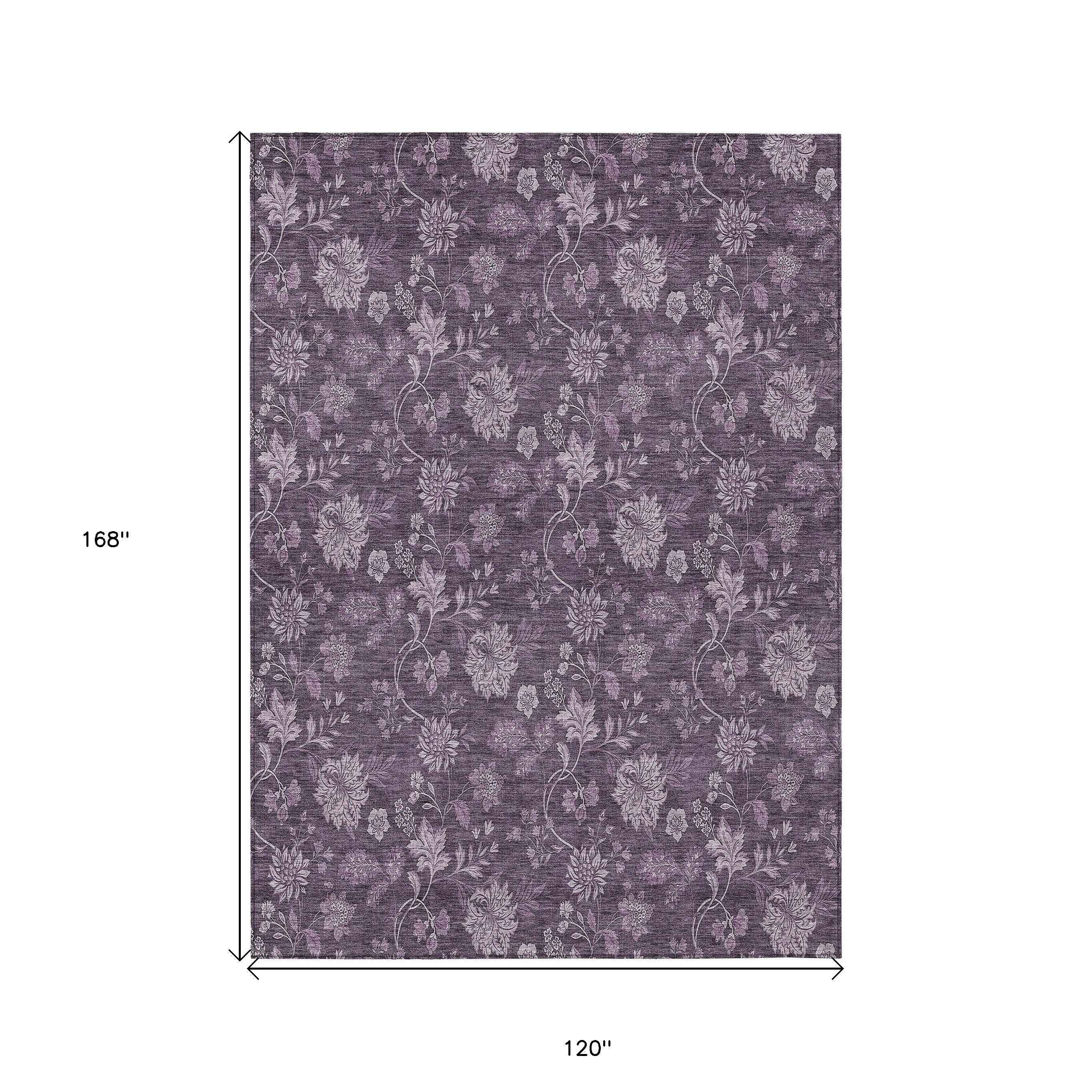 10' X 14' Plum Purple And Lavender Floral Washable Indoor Outdoor Area Rug