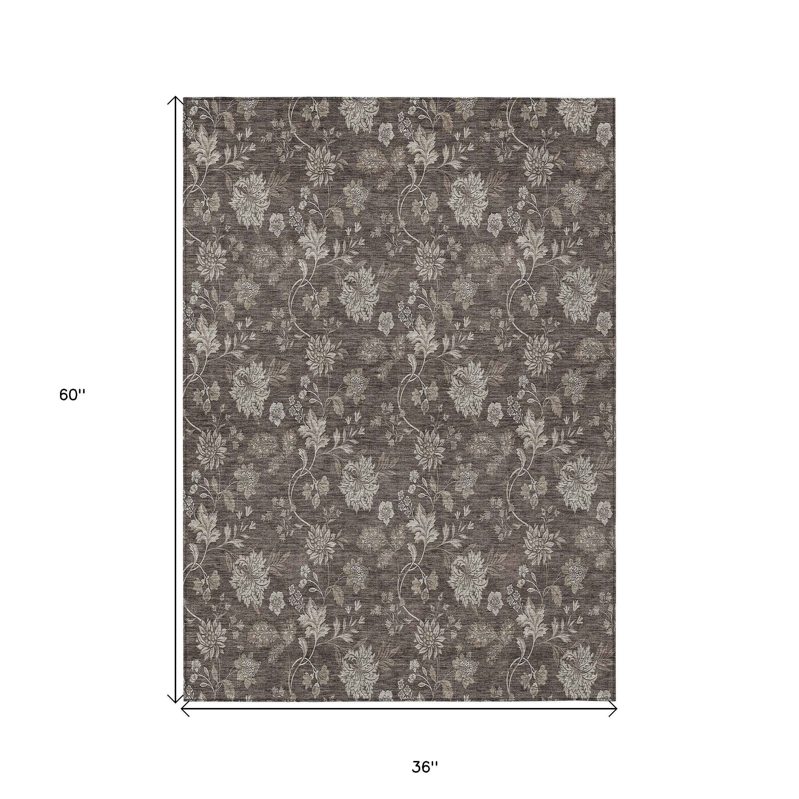 3' X 5' Chocolate Beige And Taupe Floral Washable Indoor Outdoor Area Rug