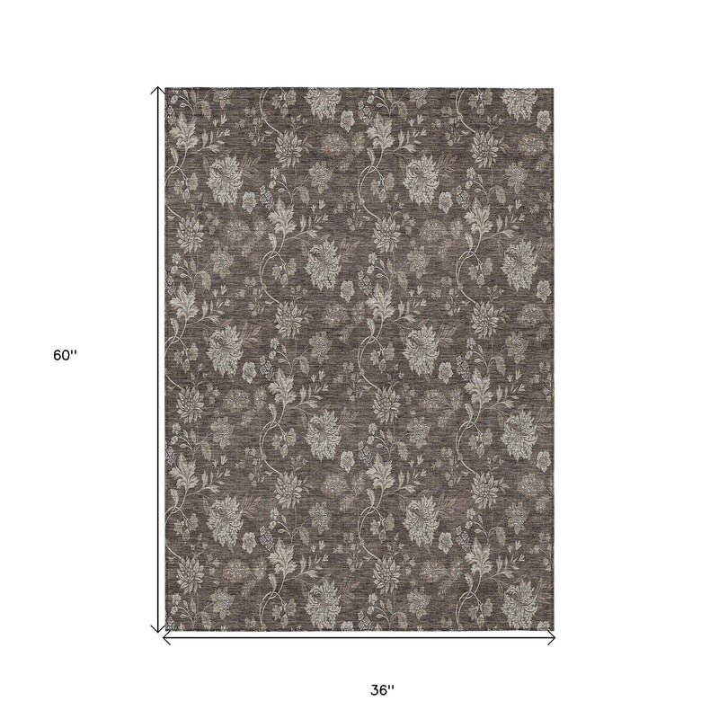 3' X 5' Chocolate Beige And Taupe Floral Washable Indoor Outdoor Area Rug