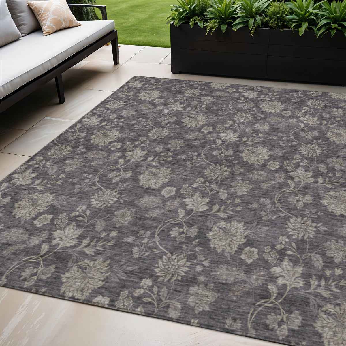 5' X 8' Taupe And Beige Floral Washable Indoor Outdoor Area Rug