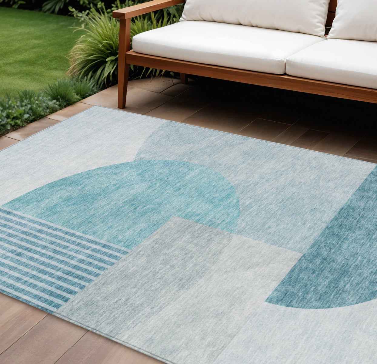 10' X 14' Teal Blue And Silver Geometric Washable Indoor Outdoor Area Rug