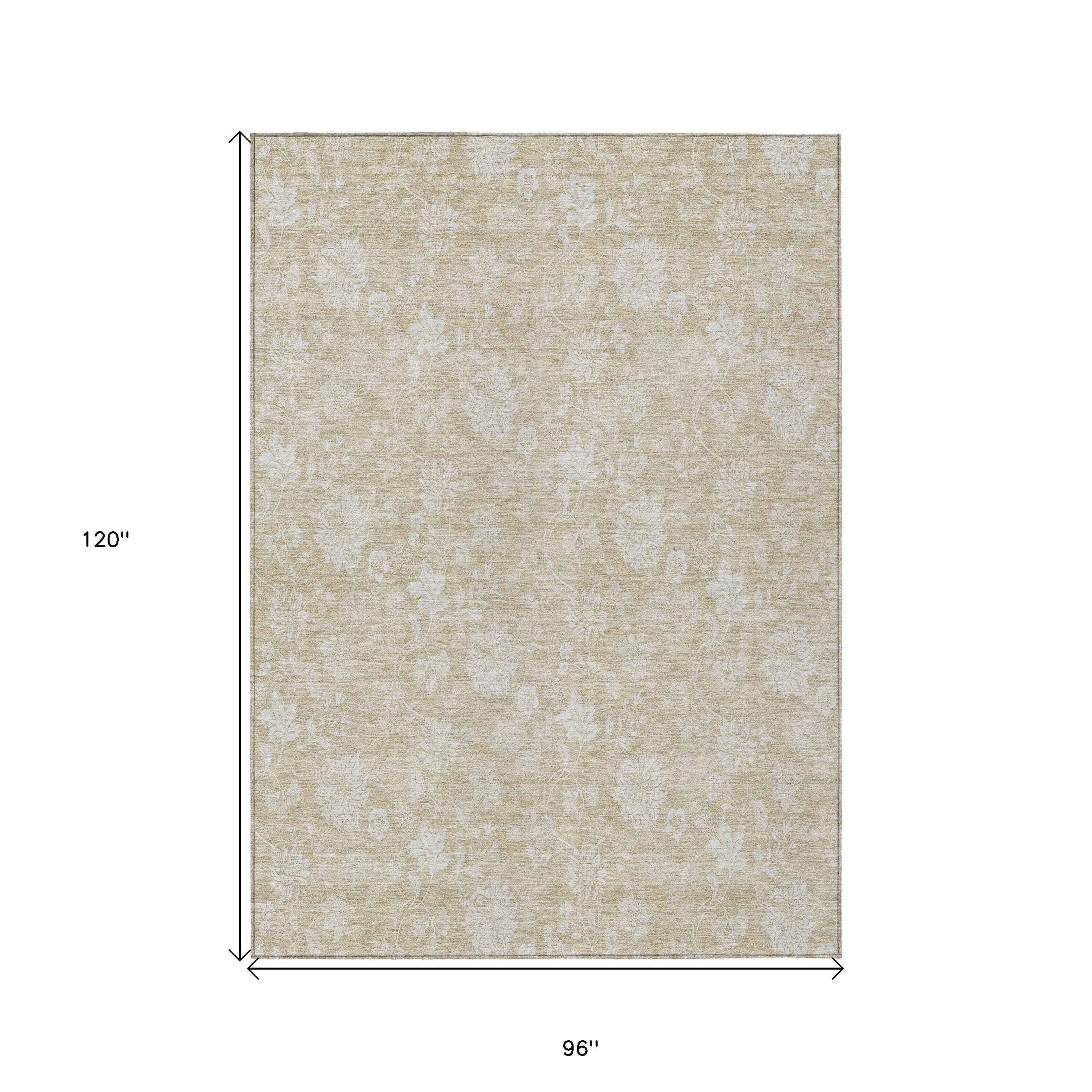 8' X 10' Beige Tan And Ivory Floral Washable Indoor Outdoor Area Rug
