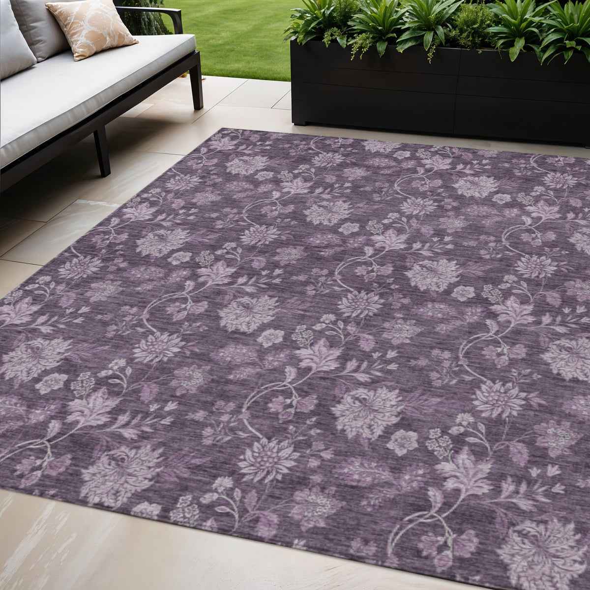 5' X 8' Plum Purple And Lavender Floral Washable Indoor Outdoor Area Rug