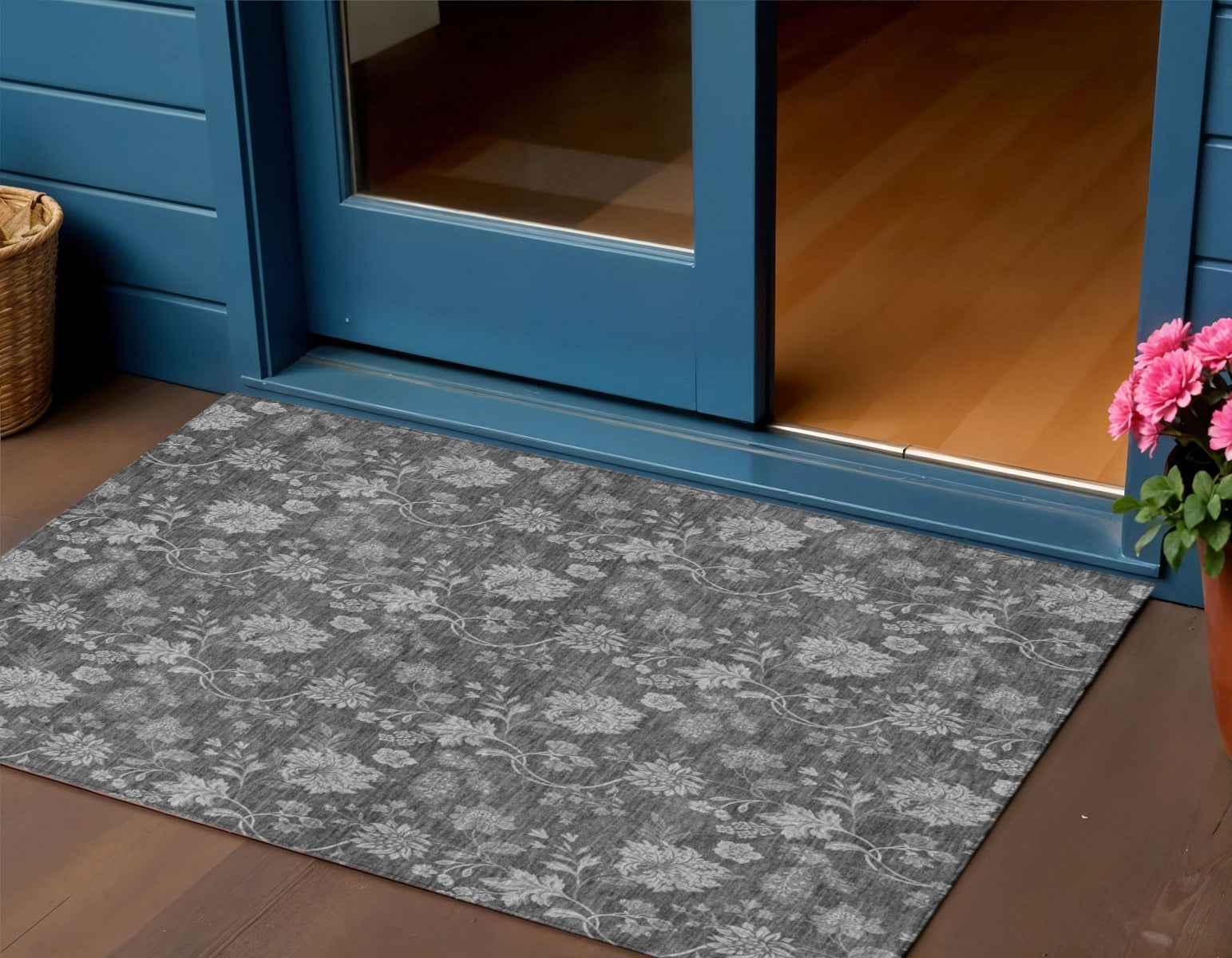 3' X 5' Gray Charcoal And Silver Floral Washable Indoor Outdoor Area Rug