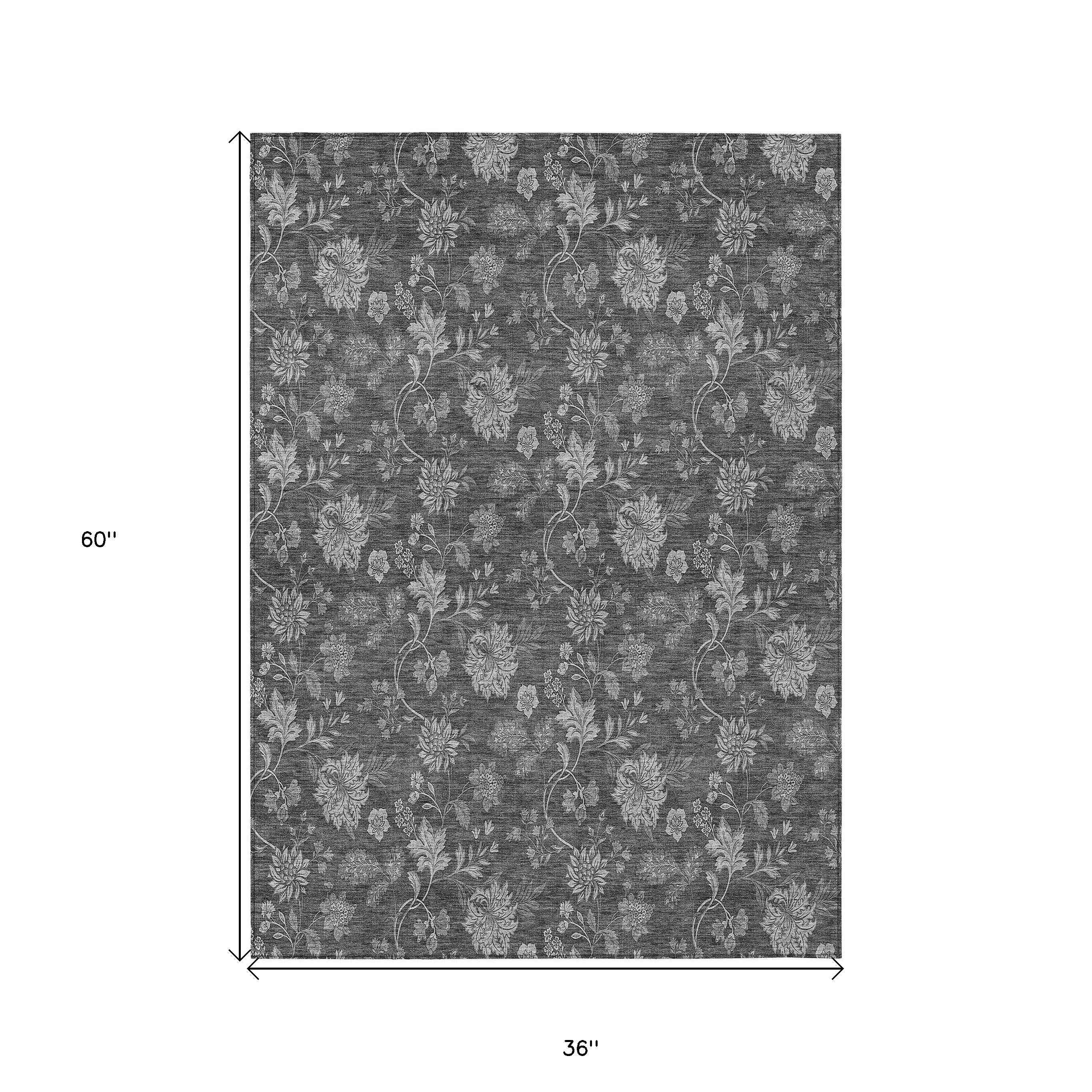 3' X 5' Gray Charcoal And Silver Floral Washable Indoor Outdoor Area Rug