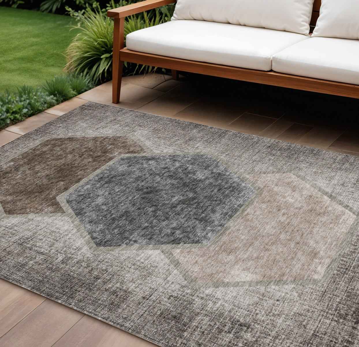 10' X 14' Chocolate And Taupe Geometric Washable Indoor Outdoor Area Rug