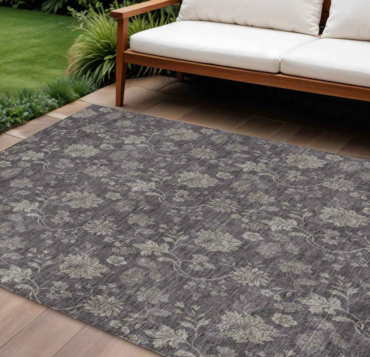 10' X 14' Taupe And Beige Floral Washable Indoor Outdoor Area Rug