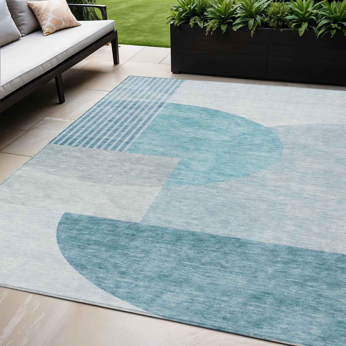 5' X 8' Teal Blue And Silver Geometric Washable Indoor Outdoor Area Rug