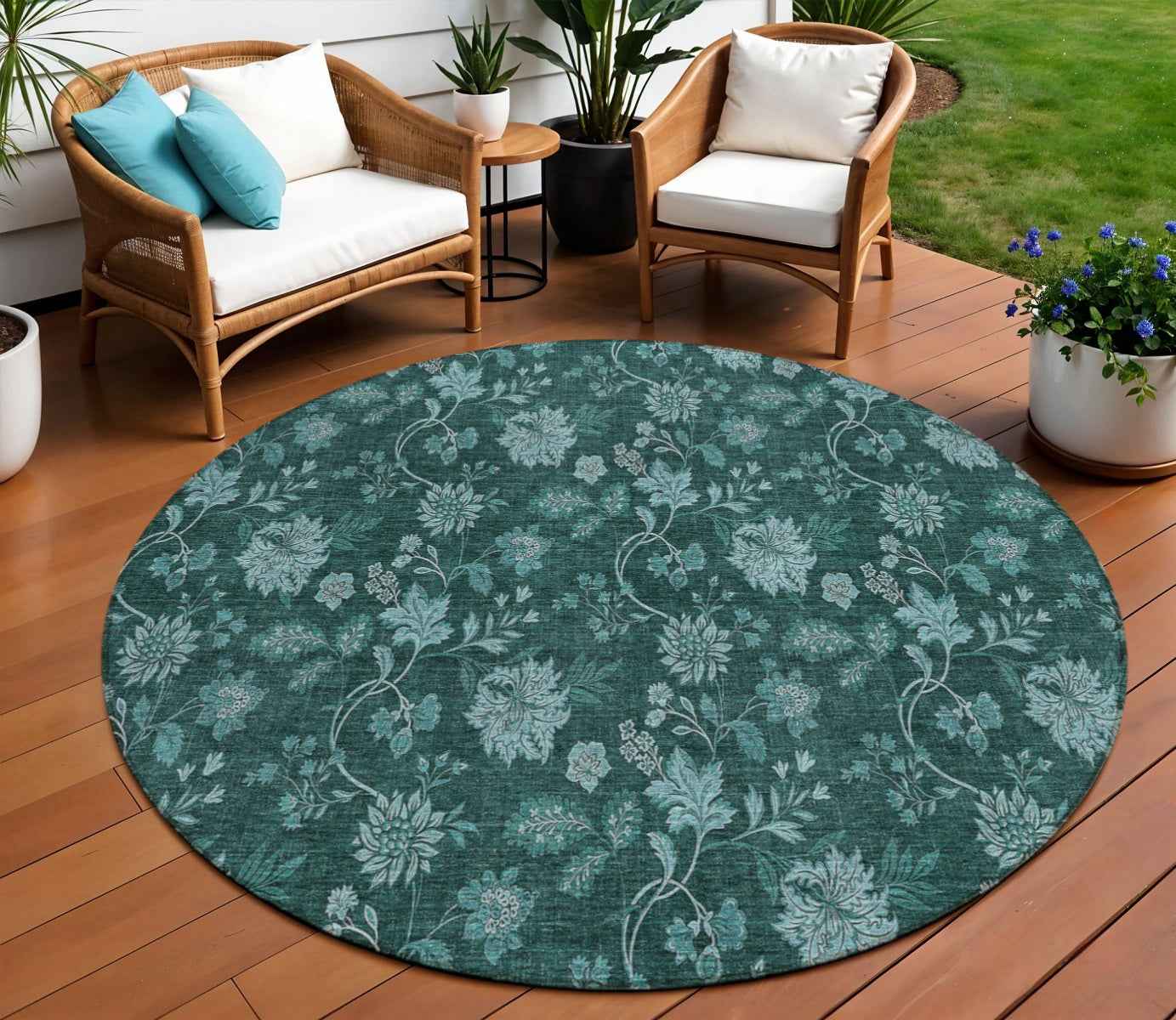 8' Teal Blue And Aqua Round Floral Washable Indoor Outdoor Area Rug