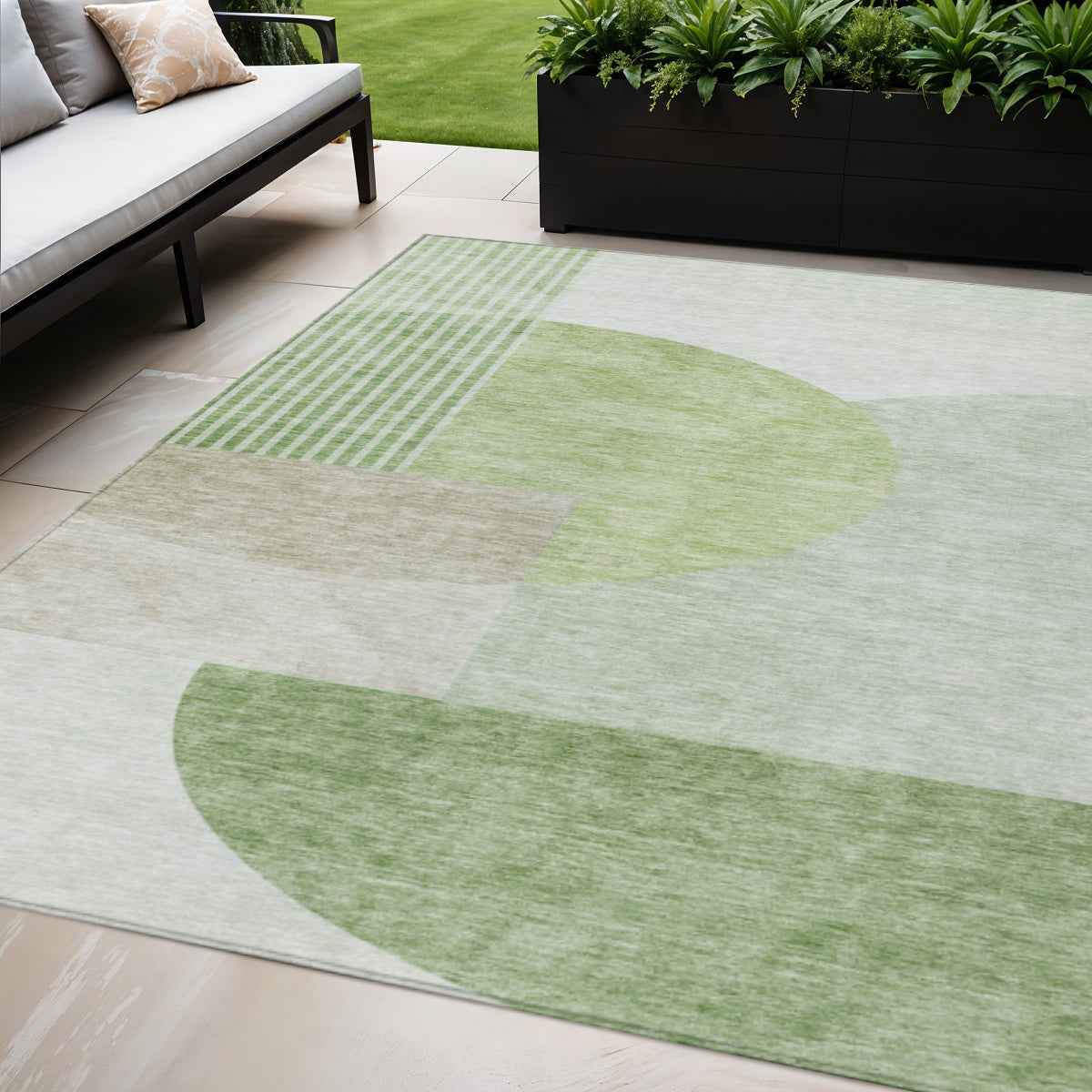 5' X 8' Olive Green And Artichoke Green Geometric Washable Indoor Outdoor Area Rug