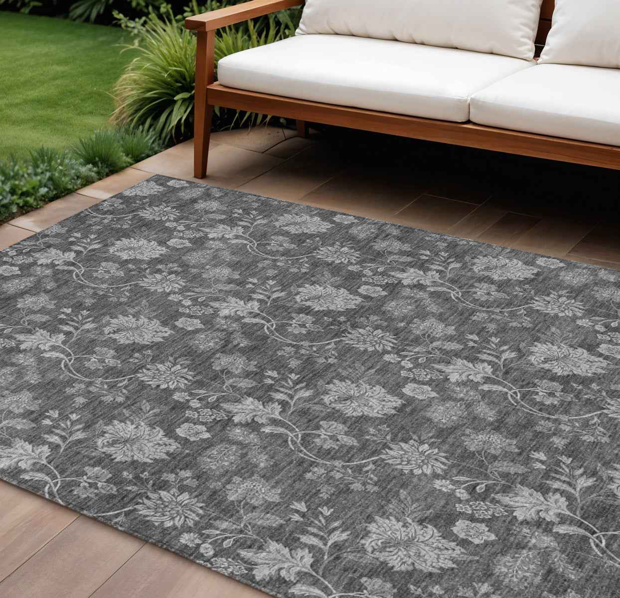 8' X 10' Gray Charcoal And Silver Floral Washable Indoor Outdoor Area Rug