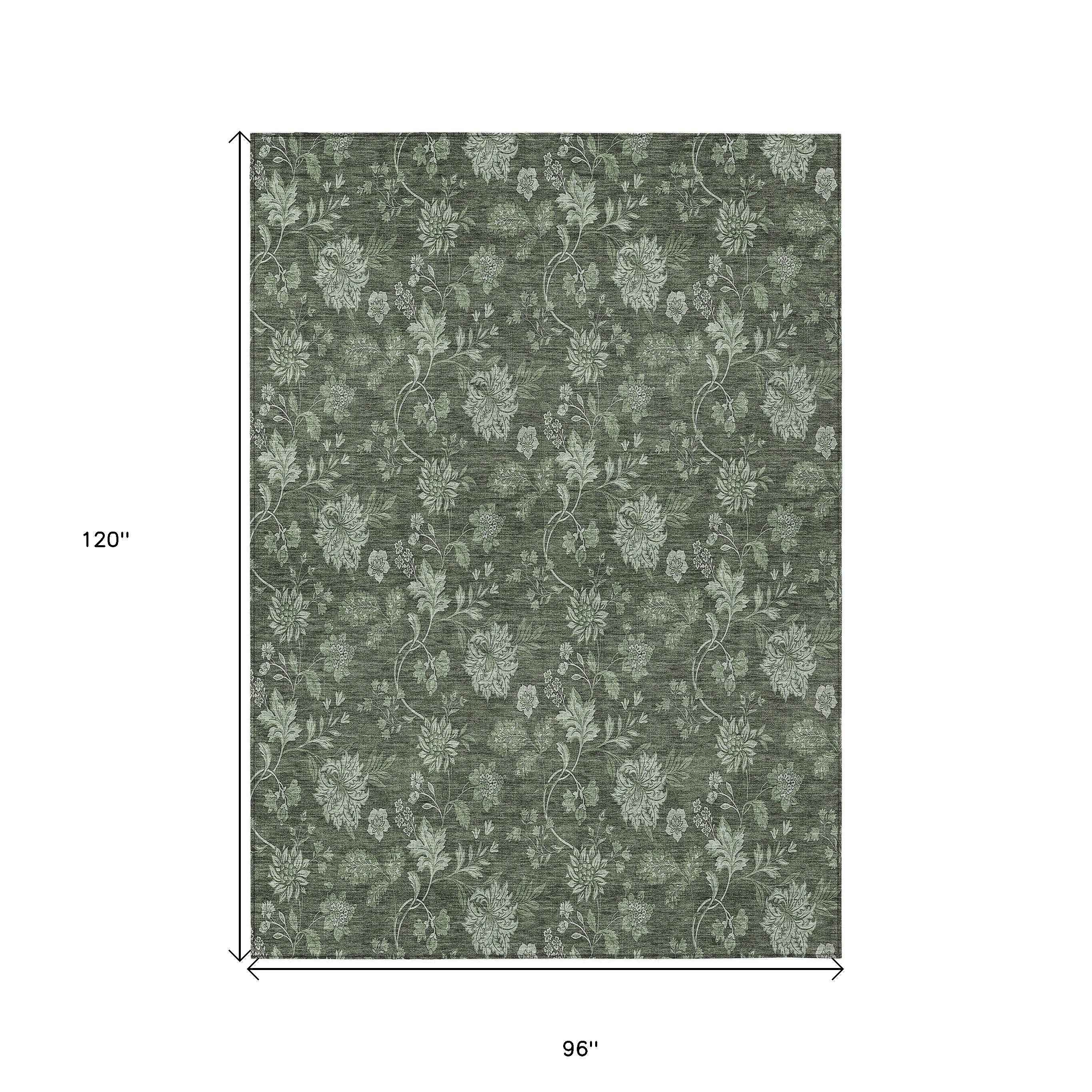 8' X 10' Olive Green And Artichoke Green Floral Washable Indoor Outdoor Area Rug
