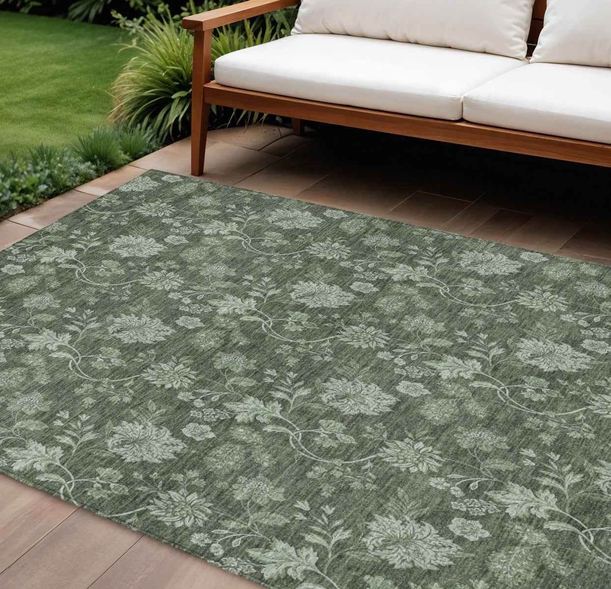 8' X 10' Olive Green And Artichoke Green Floral Washable Indoor Outdoor Area Rug