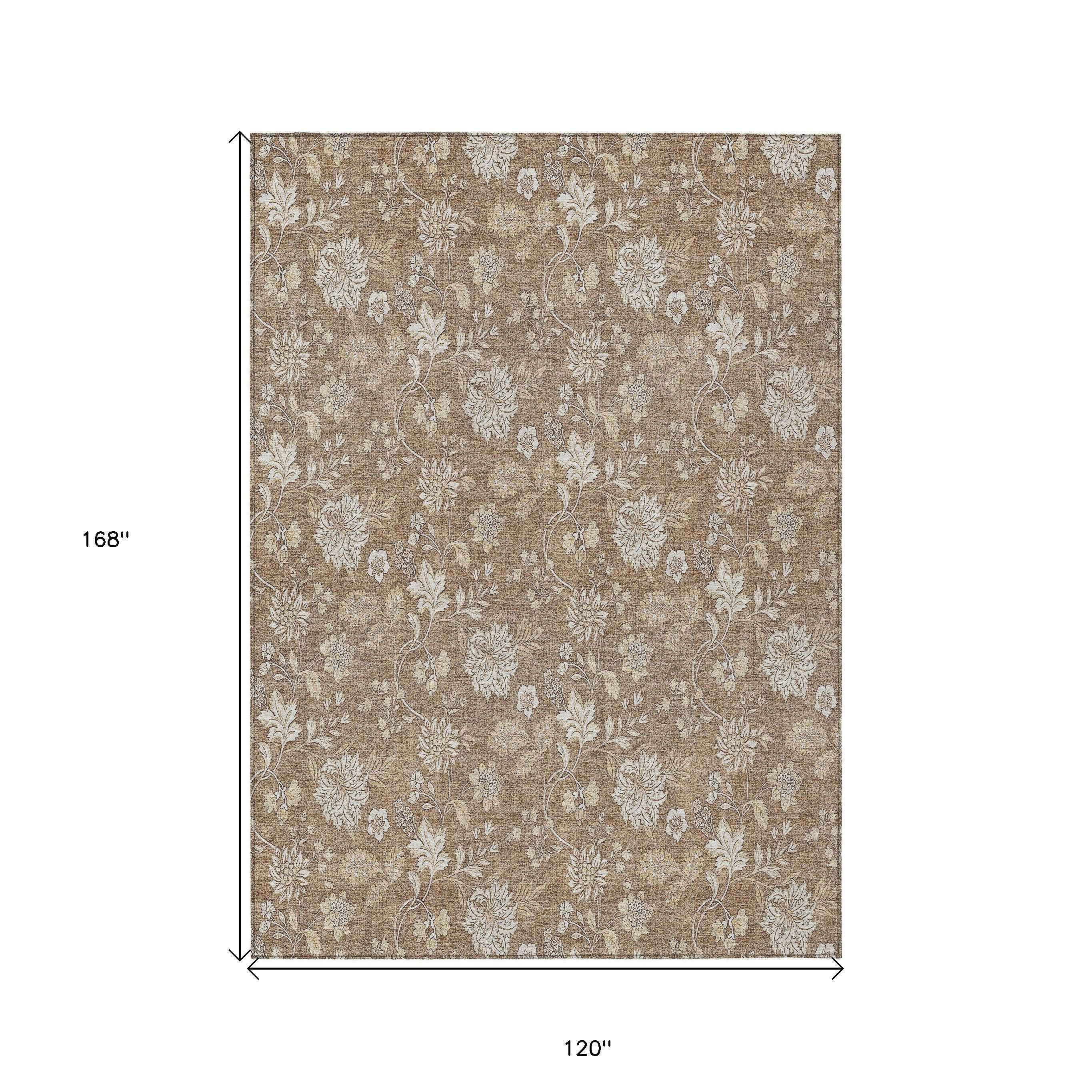 10' X 14' Copper And Beige Floral Washable Indoor Outdoor Area Rug