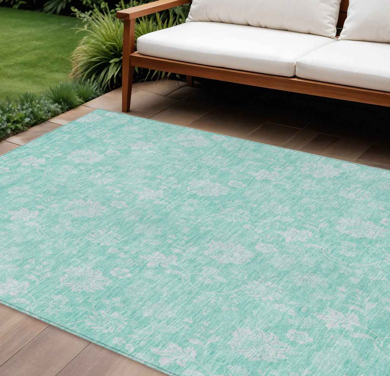 8' X 10' Aqua And Ivory Floral Washable Indoor Outdoor Area Rug