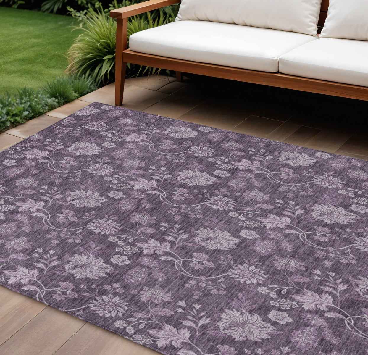 8' X 10' Plum Purple And Lavender Floral Washable Indoor Outdoor Area Rug