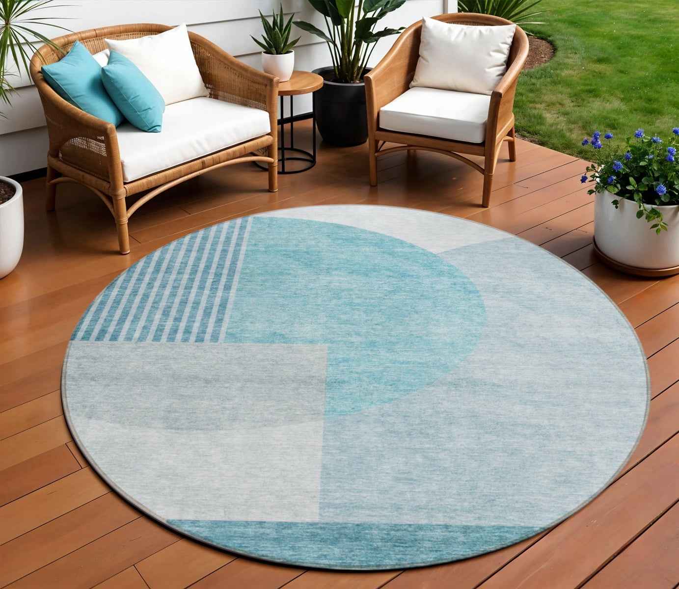 8' Teal Blue And Silver Round Geometric Washable Indoor Outdoor Area Rug