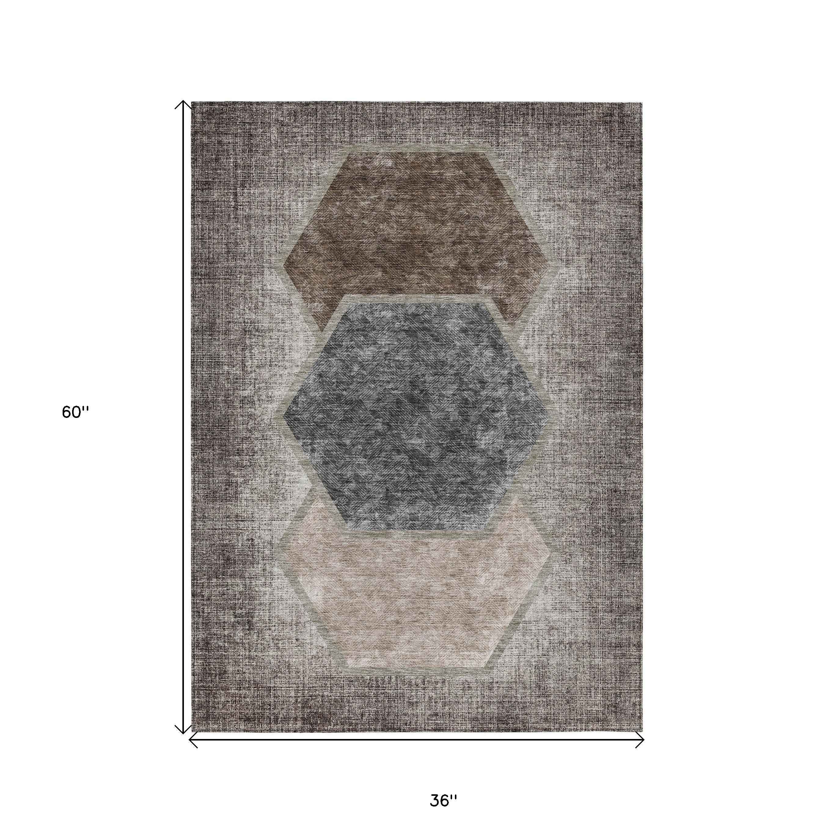 3' X 5' Chocolate And Taupe Geometric Washable Indoor Outdoor Area Rug