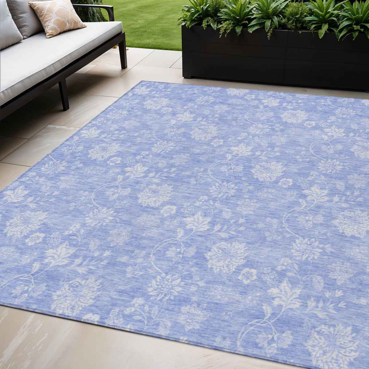 5' X 8' Sky Blue Denim Blue And Ivory Floral Washable Indoor Outdoor Area Rug