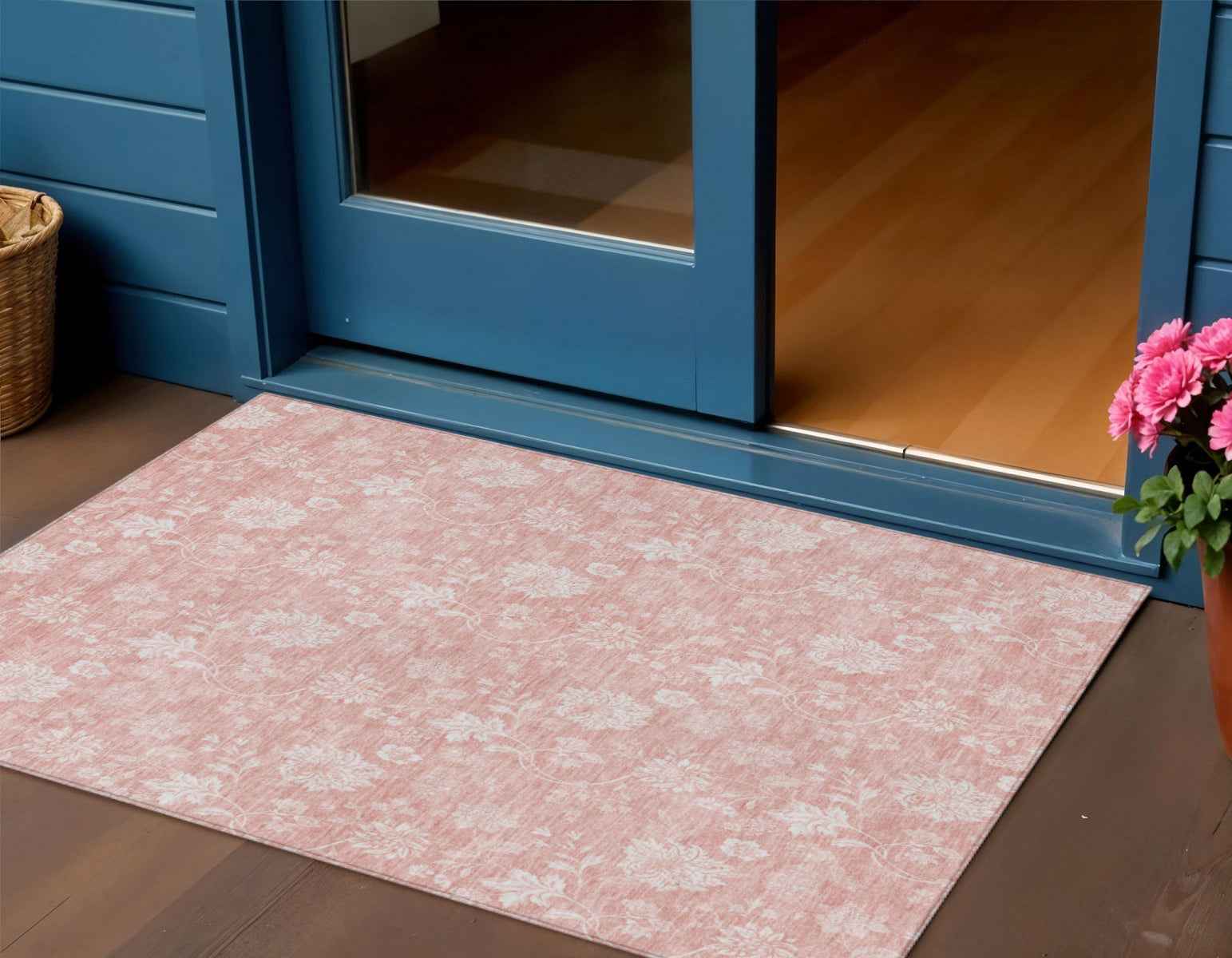 3' X 5' Pink Ivory And Blush Floral Washable Indoor Outdoor Area Rug