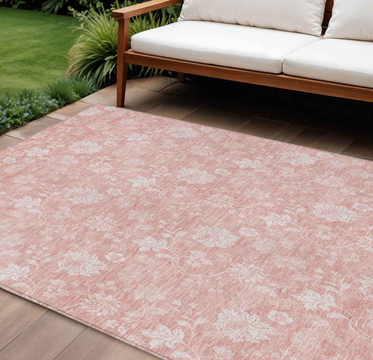 8' X 10' Pink Ivory And Blush Floral Washable Indoor Outdoor Area Rug