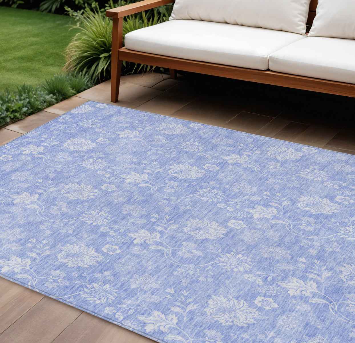 10' X 14' Sky Blue Denim Blue And Ivory Floral Washable Indoor Outdoor Area Rug