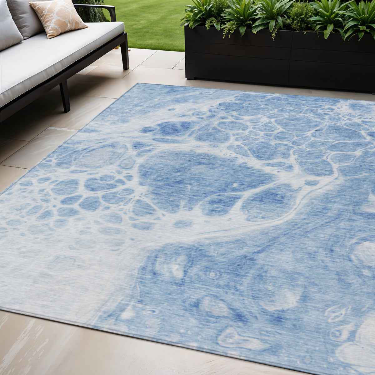 5' X 8' Sky Blue And Denim Blue Nautical Washable Indoor Outdoor Area Rug