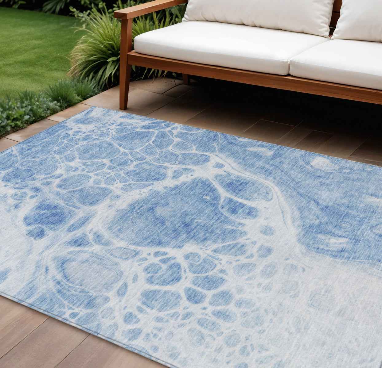 8' X 10' Sky Blue And Denim Blue Nautical Washable Indoor Outdoor Area Rug