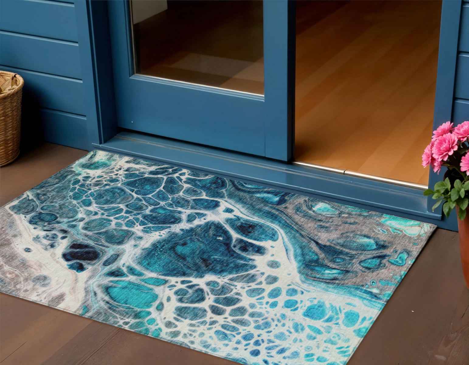 3' X 5' Teal Blue And Navy Blue Nautical Washable Indoor Outdoor Area Rug