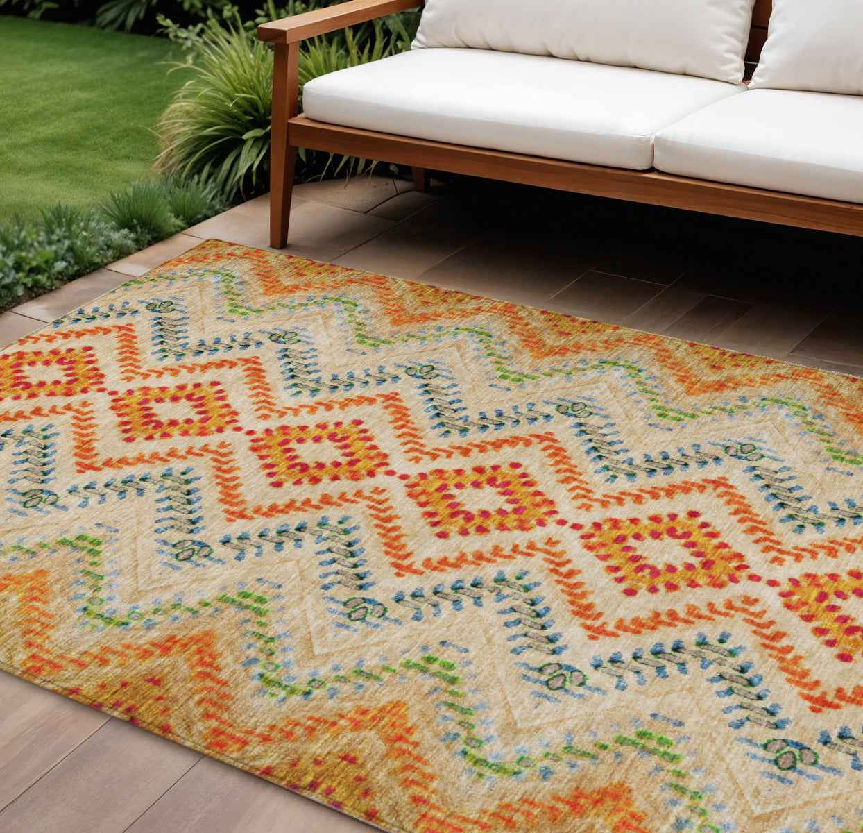 8' X 10' Beige Orange And Red Geometric Washable Indoor Outdoor Area Rug