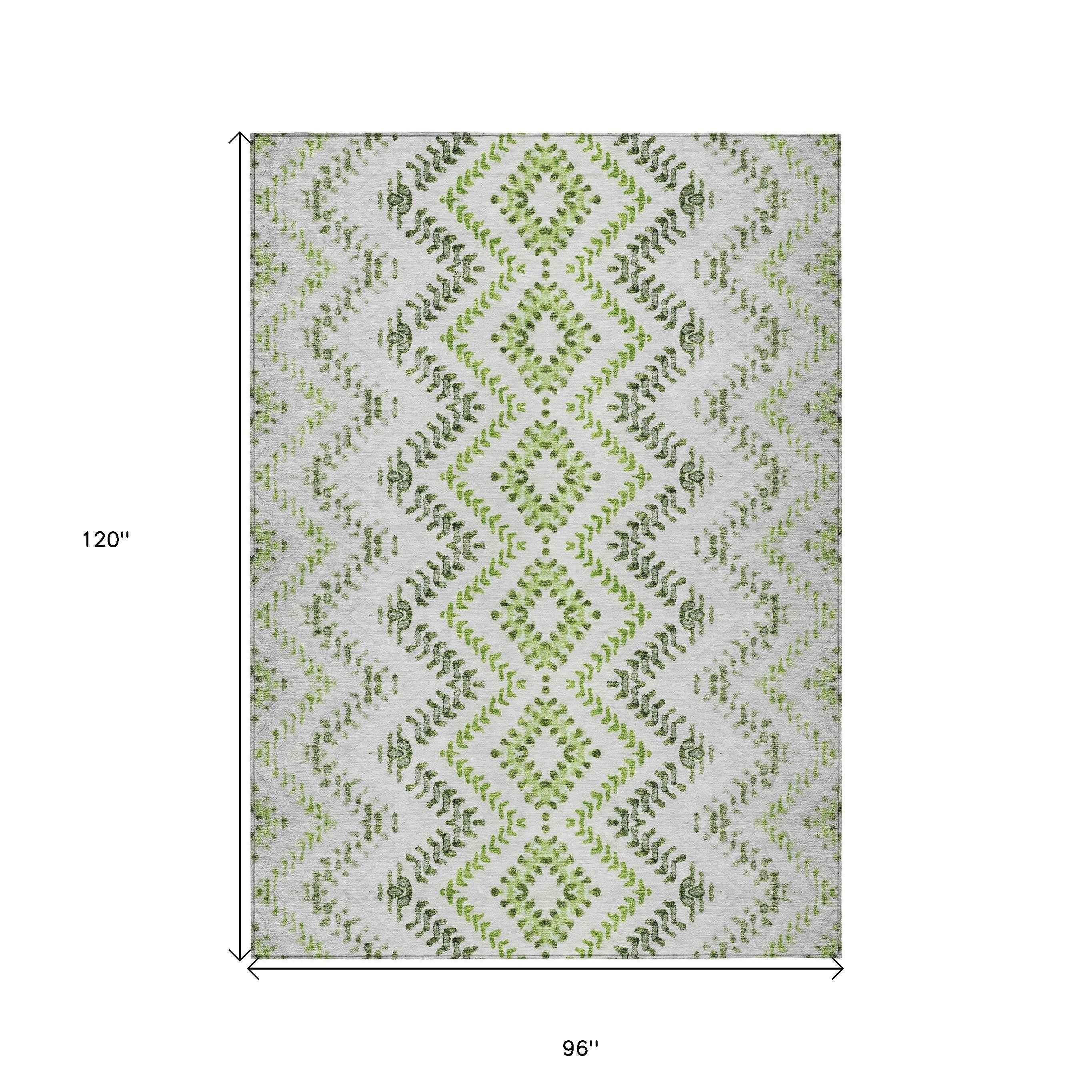 8' X 10' Green Ivory And Gray Geometric Washable Indoor Outdoor Area Rug