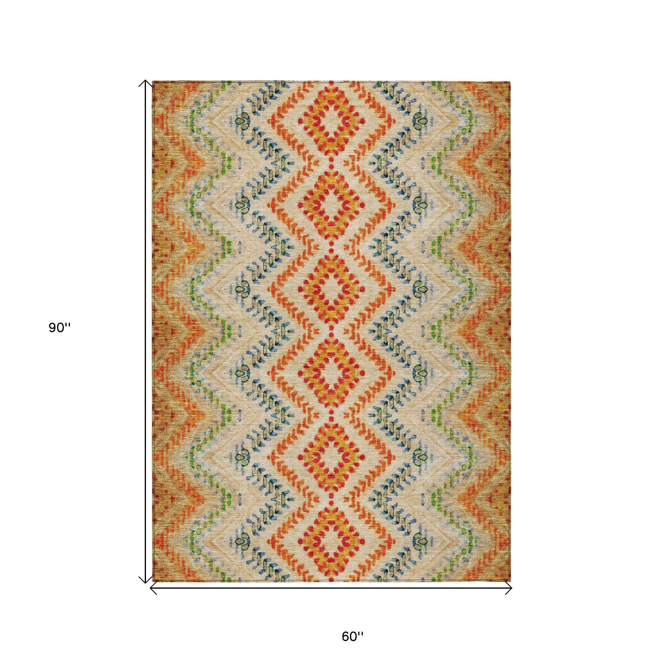 5' X 8' Beige Orange And Red Geometric Washable Indoor Outdoor Area Rug